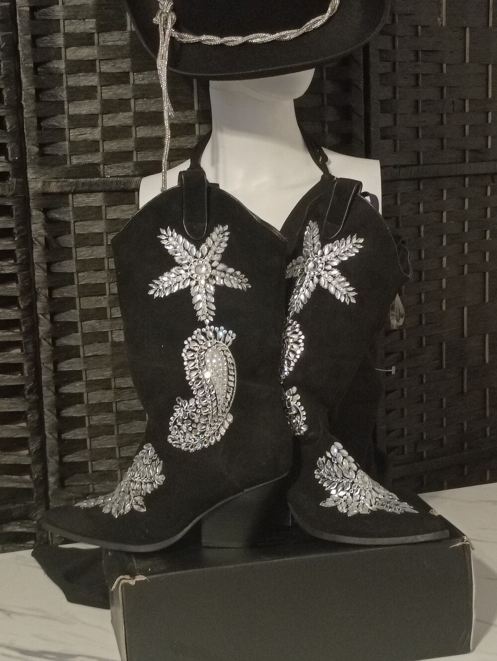 Black Suede Embellished Rhinestone Western Cowboy Boots - Women